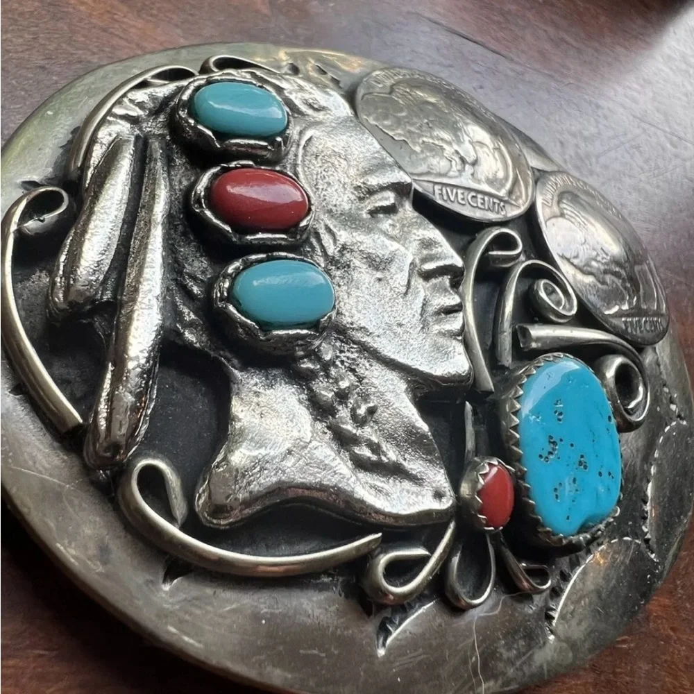 Indian Chief Buffalo Nickel Silver Tone Turqoise & Red Coral Belt Buckle - Picture 4 of 8